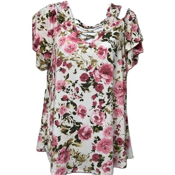 Discreet Floral‎ Print Multicolored Short Sleeve  Open Shoulder Size XL Top - Picture 1 of 16